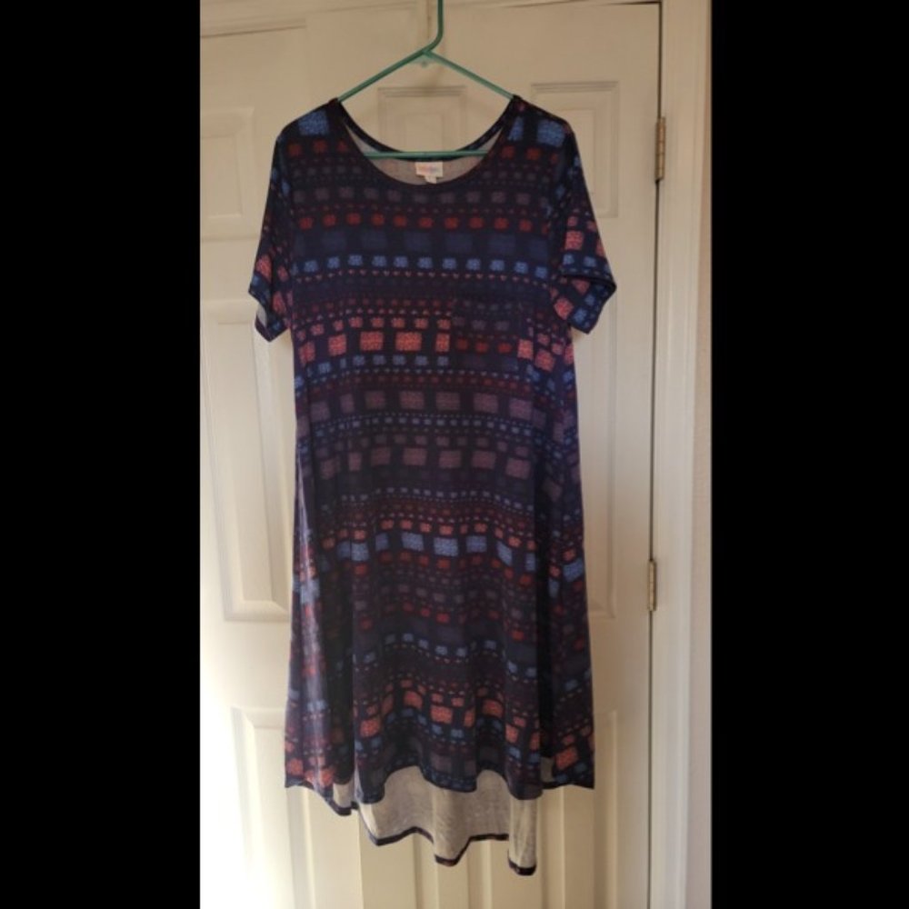 LulaRoe L Carly Dress - Dark Blue w/ Multi color pattern